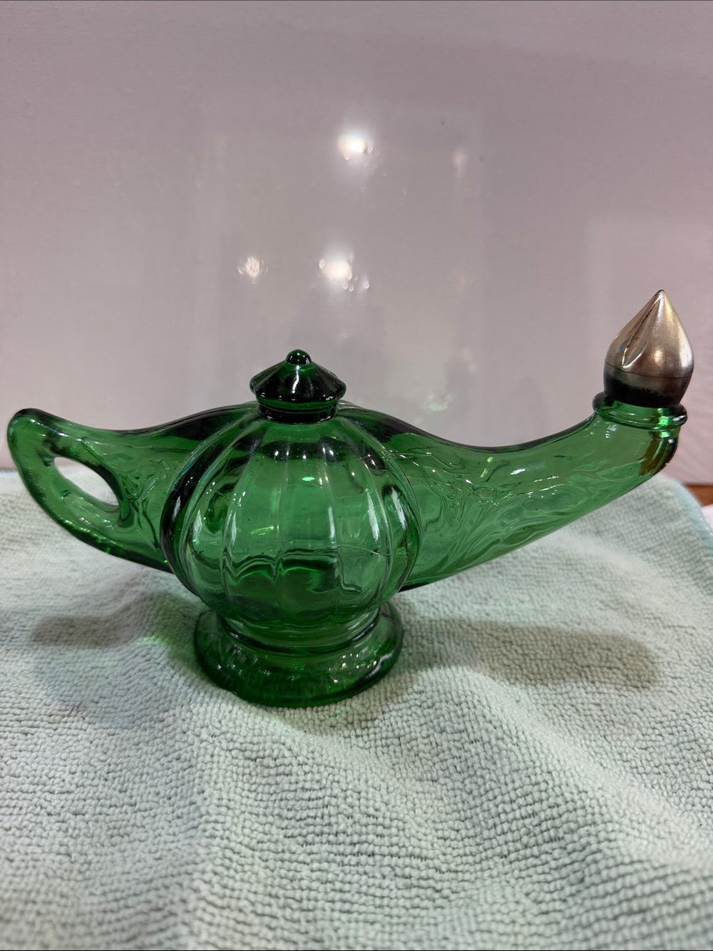 Avon Green Glass Genie Lamp with Silver-Tone Tip